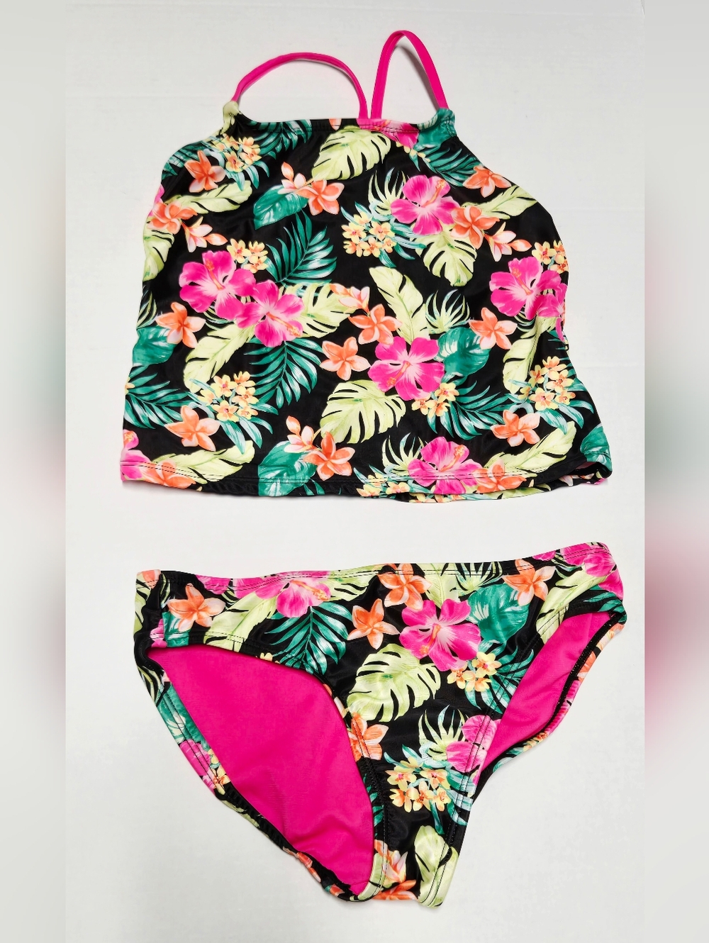 Girls Wonder Nation Tropical Tankini Swimsuit 2PC Floral Black Pink Size L 10-12